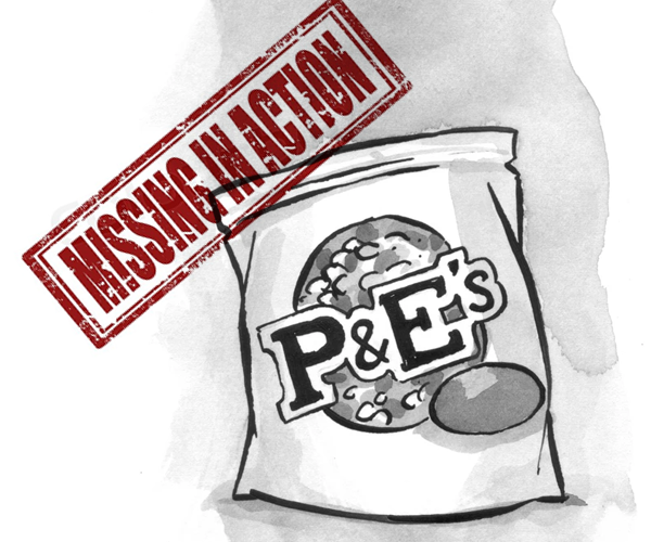 A picture bag of P&E candy stamped 'Missing in Action'